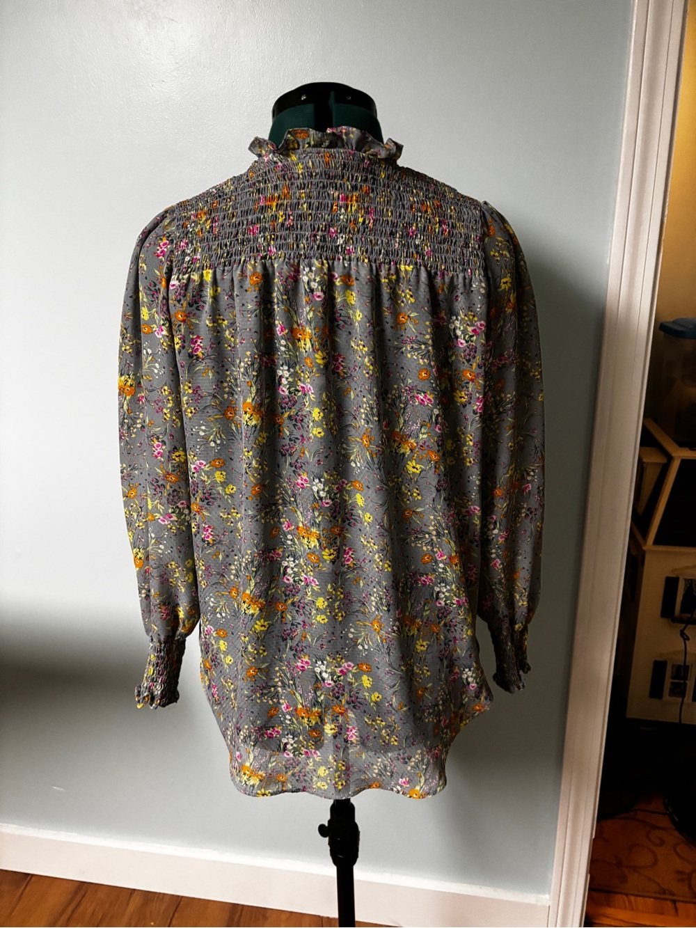 Smocked Yoke Floral Blouse - Gray with Yellow & Pink Flowers - Picture 2 of 8